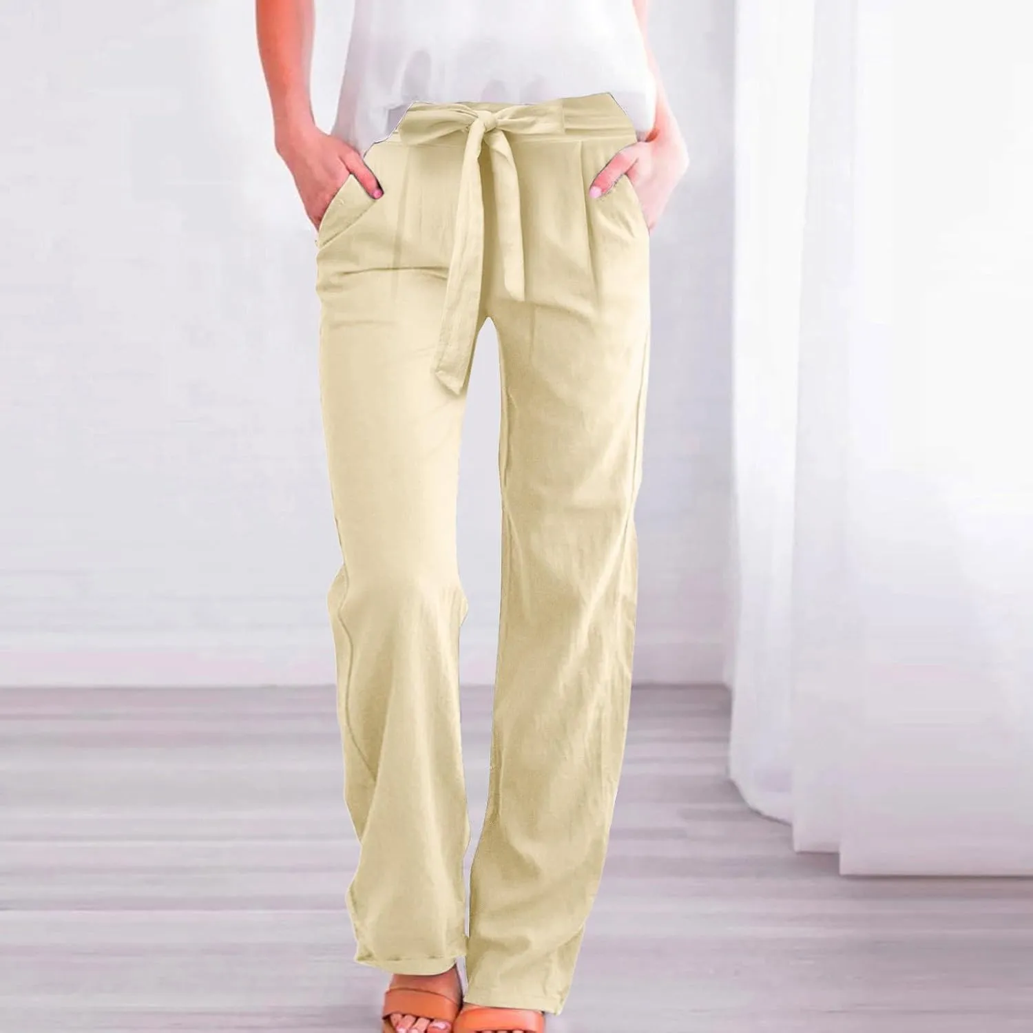 Women's Cotton Linen Summer Lightweigt Palazzo Pants Low Waist Wide Leg Loose Fit Pants Travel