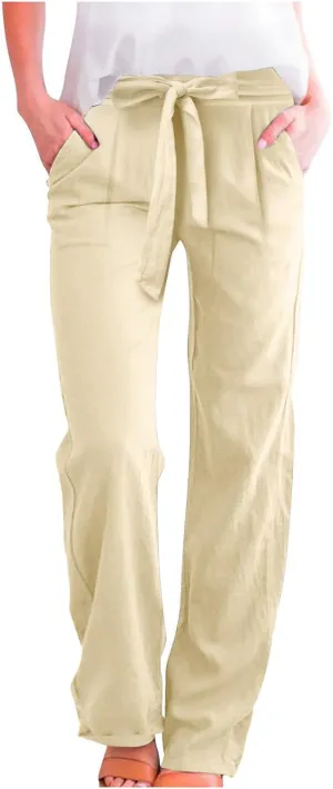 Women's Cotton Linen Summer Lightweigt Palazzo Pants Low Waist Wide Leg Loose Fit Pants Travel