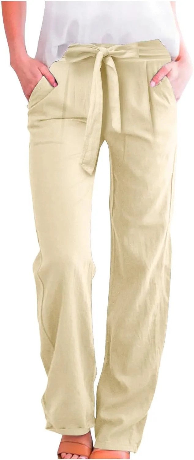 Women's Cotton Linen Summer Lightweigt Palazzo Pants Low Waist Wide Leg Loose Fit Pants Travel