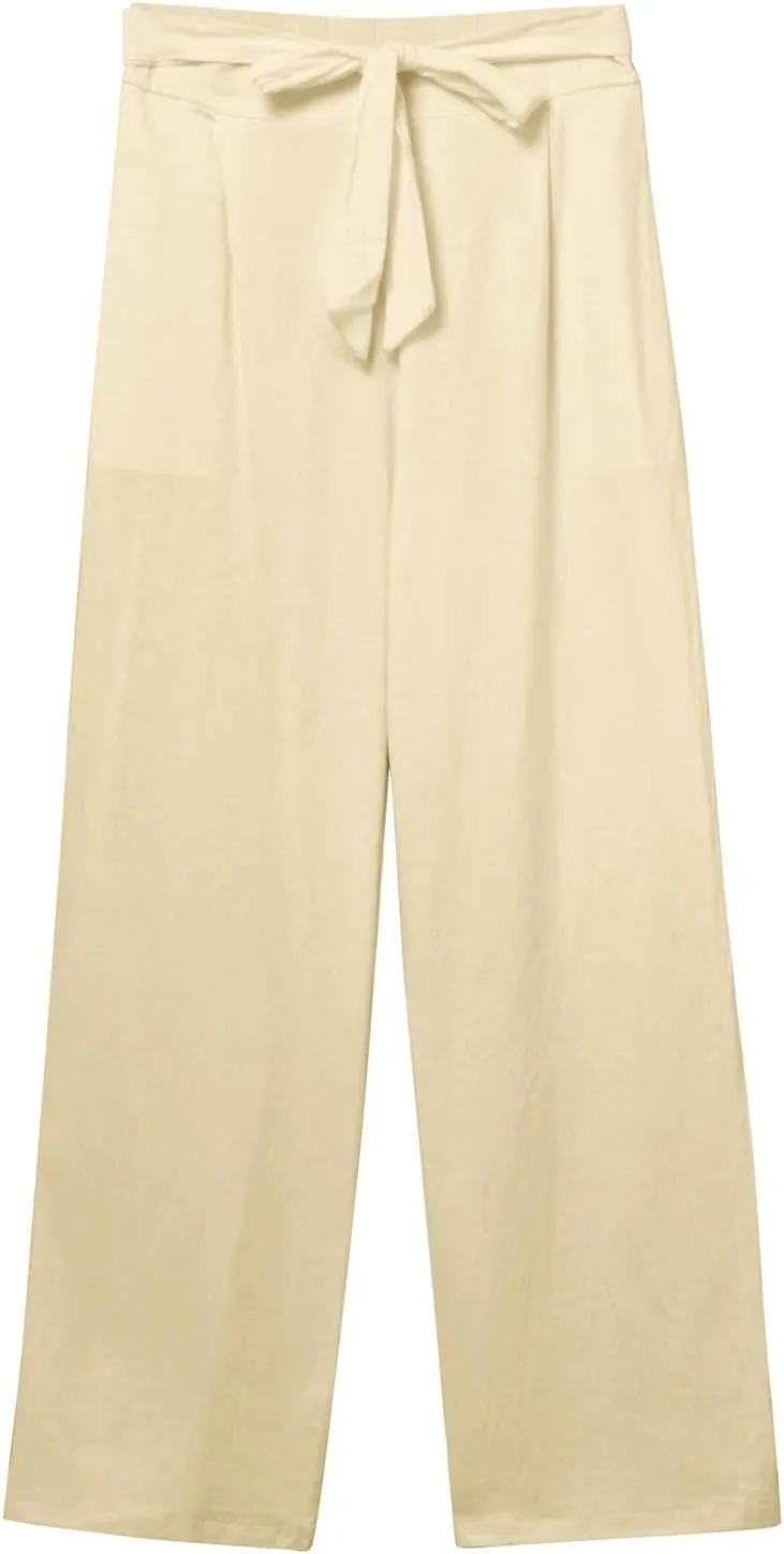 Women's Cotton Linen Summer Lightweigt Palazzo Pants Low Waist Wide Leg Loose Fit Pants Travel