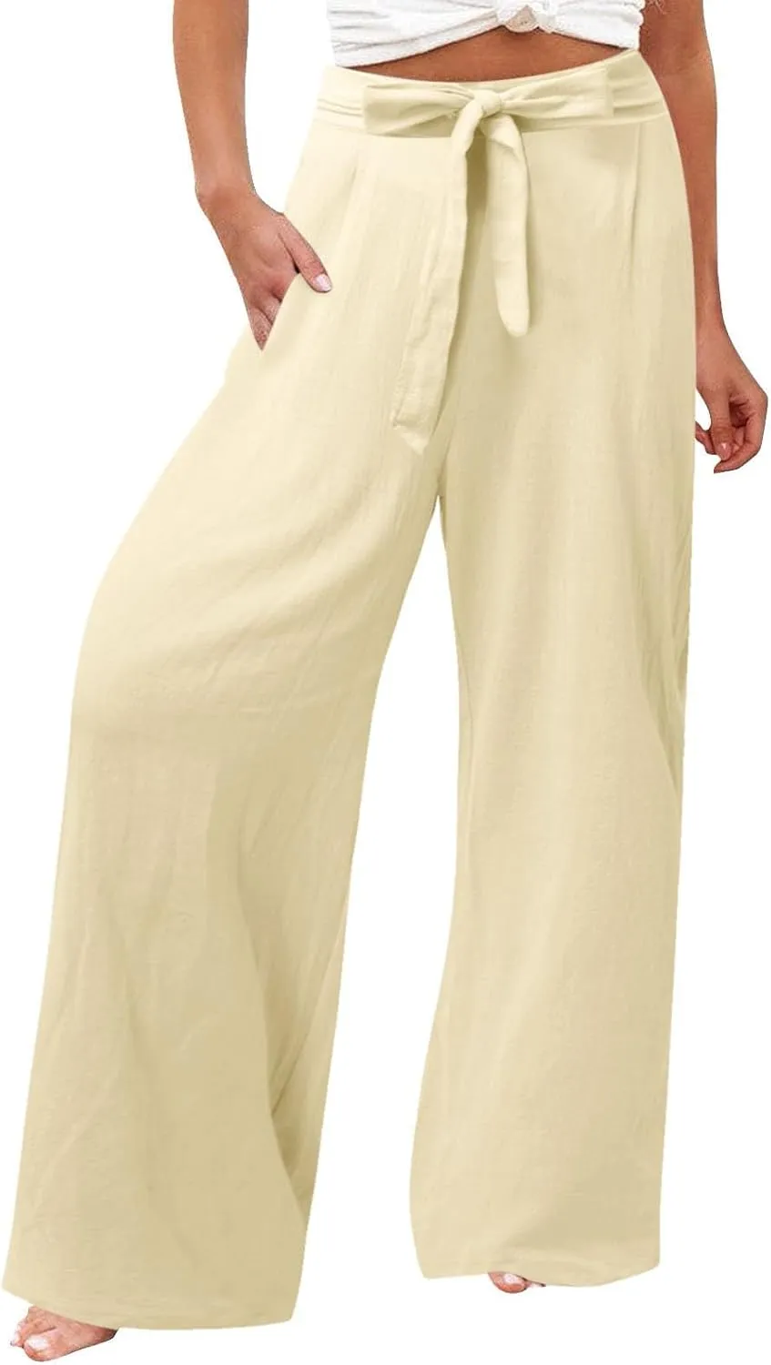 Women's Cotton Linen Summer Lightweigt Palazzo Pants Low Waist Wide Leg Loose Fit Pants Travel