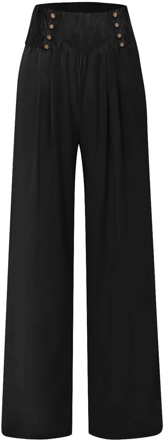 Womens Cotton Linen Summer Print Palazzo Lounge Pants Elastic Waist Lounge Pants Loose Fit Pants Work Business