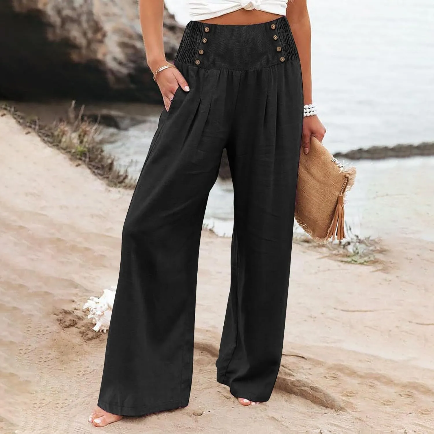 Womens Cotton Linen Summer Print Palazzo Lounge Pants Elastic Waist Lounge Pants Loose Fit Pants Work Business