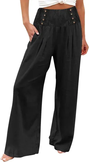 Womens Cotton Linen Summer Print Palazzo Lounge Pants Elastic Waist Lounge Pants Loose Fit Pants Work Business