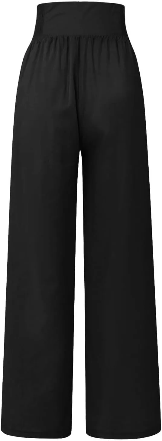 Womens Cotton Linen Summer Print Palazzo Lounge Pants Elastic Waist Lounge Pants Loose Fit Pants Work Business