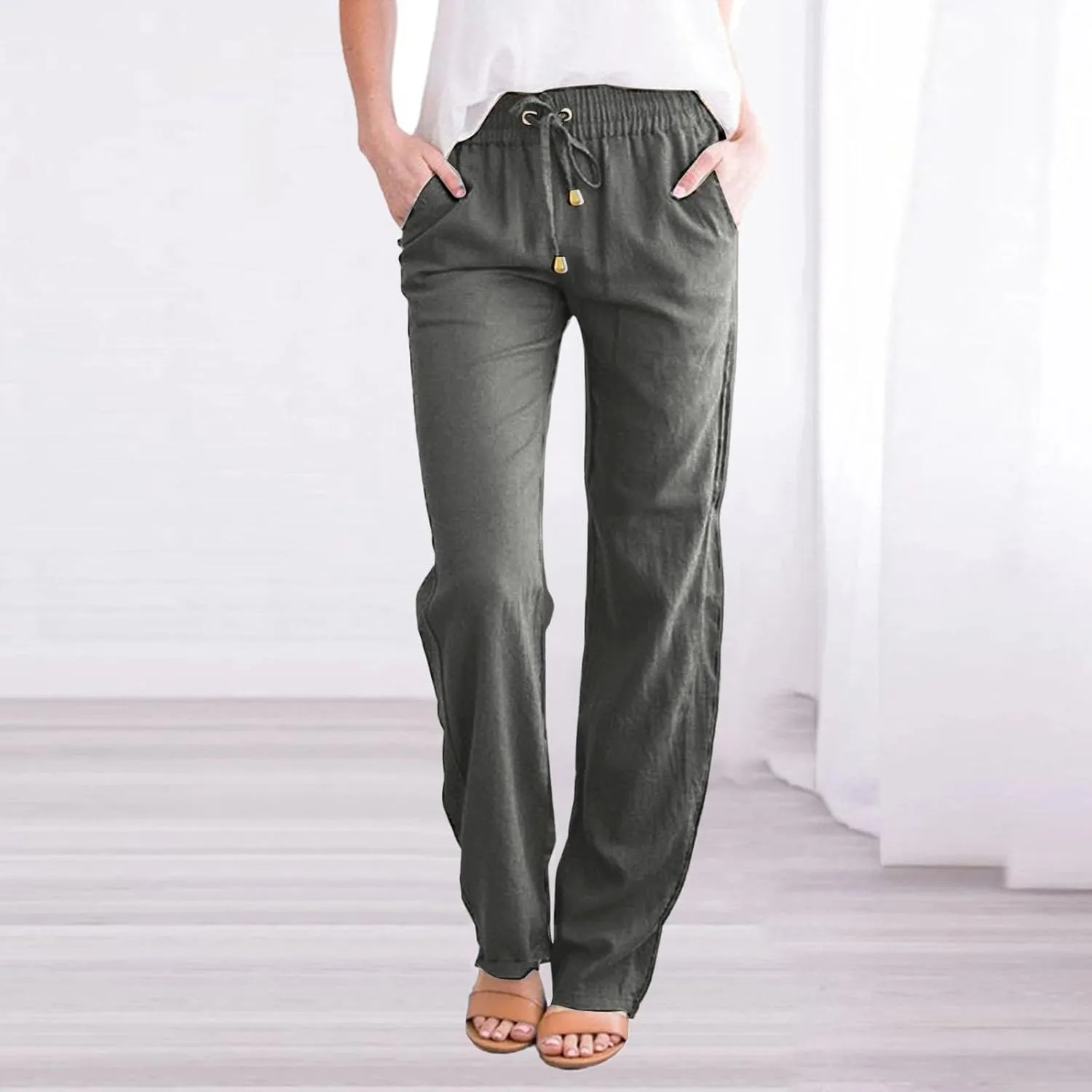 Women's Cotton Linen Summer Split Flowy Palazzo Pants Elastic Waisted Stretchy Straight Slim-Fit Palazzo Lounge