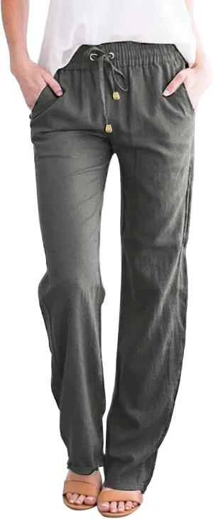 Women's Cotton Linen Summer Split Flowy Palazzo Pants Elastic Waisted Stretchy Straight Slim-Fit Palazzo Lounge
