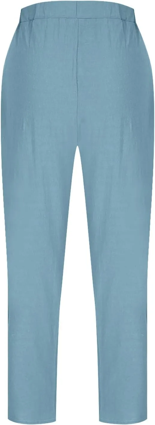 Womens Cotton Linen Wide Leg Pants Casual Summer Elastic High Waisted Palazzo Pants Beach Trousers with Pockets
