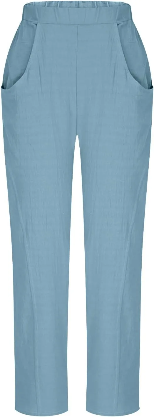 Womens Cotton Linen Wide Leg Pants Casual Summer Elastic High Waisted Palazzo Pants Beach Trousers with Pockets