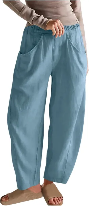 Womens Cotton Linen Wide Leg Pants Casual Summer Elastic High Waisted Palazzo Pants Beach Trousers with Pockets