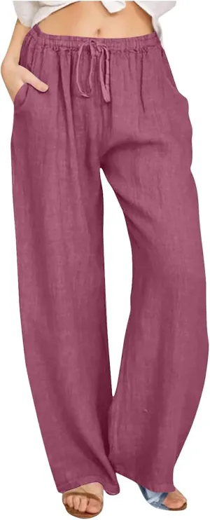 Womens Cotton Linen Wide Leg Pants Dressy Casual Summer Elastic Waist Lounge Trousers Trendy Beach Vacation Outfits