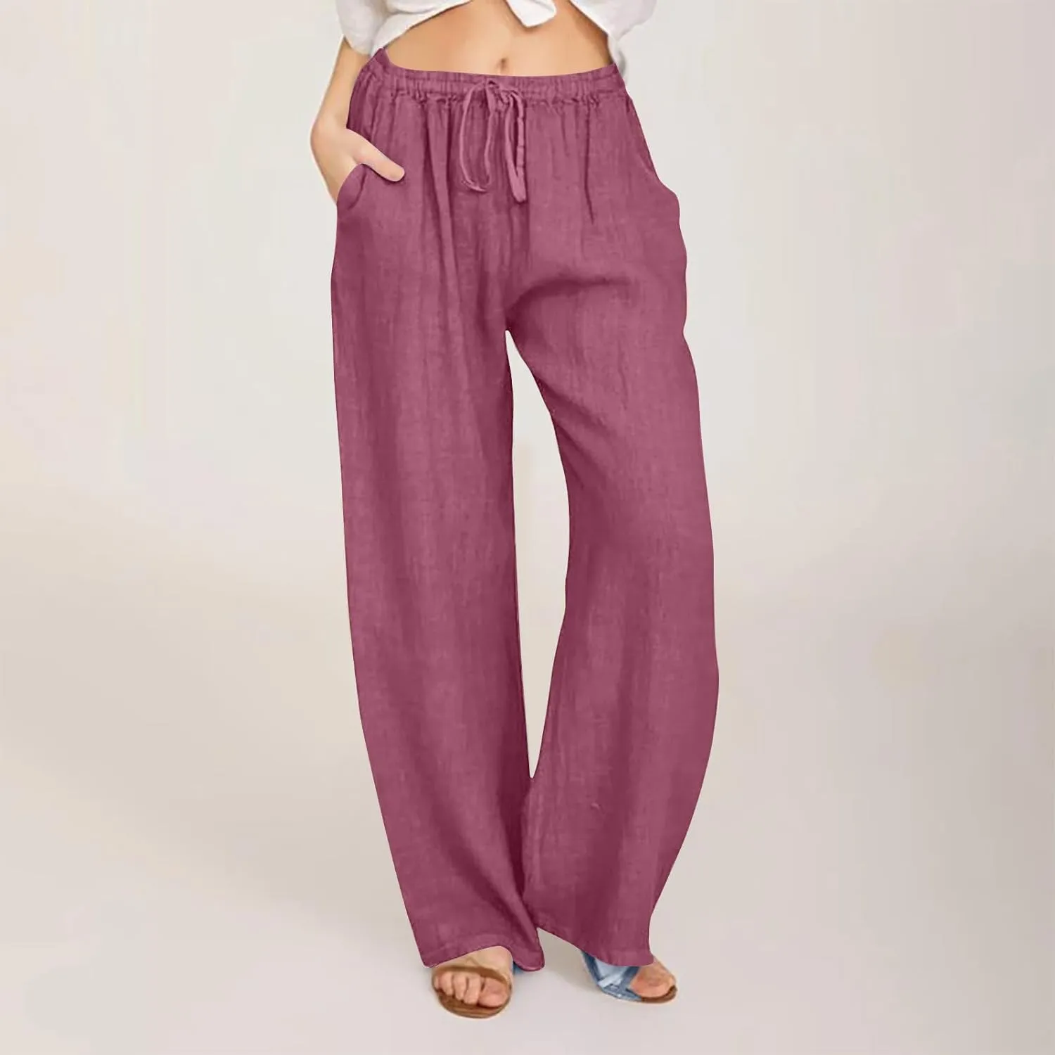 Womens Cotton Linen Wide Leg Pants Dressy Casual Summer Elastic Waist Lounge Trousers Trendy Beach Vacation Outfits