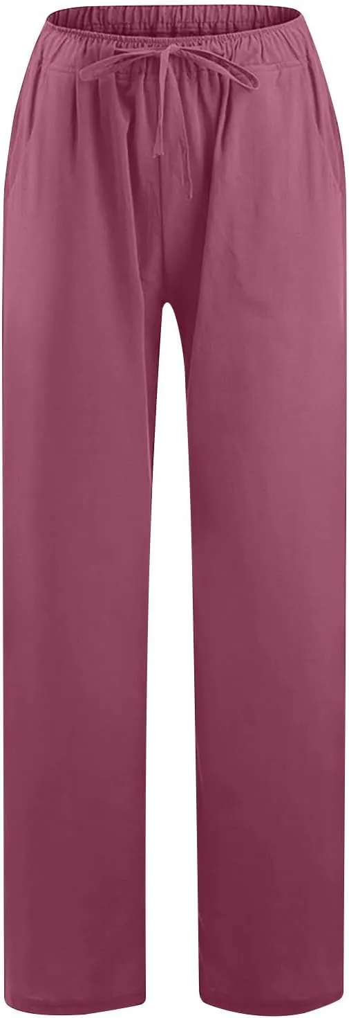 Womens Cotton Linen Wide Leg Pants Dressy Casual Summer Elastic Waist Lounge Trousers Trendy Beach Vacation Outfits