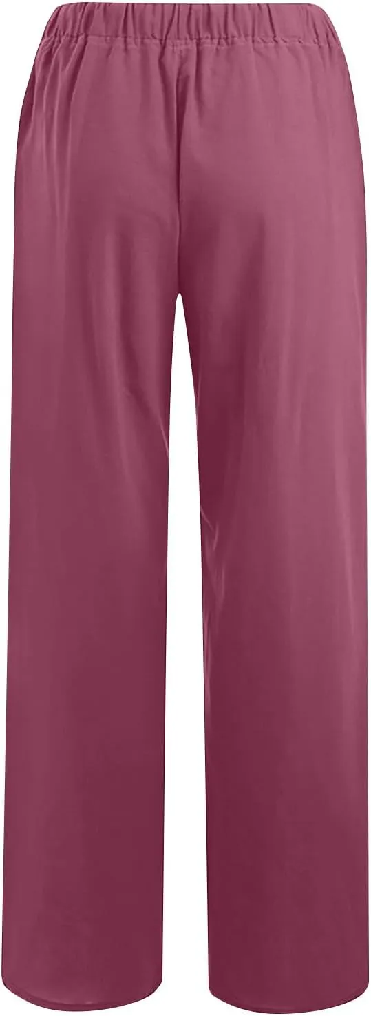 Womens Cotton Linen Wide Leg Pants Dressy Casual Summer Elastic Waist Lounge Trousers Trendy Beach Vacation Outfits
