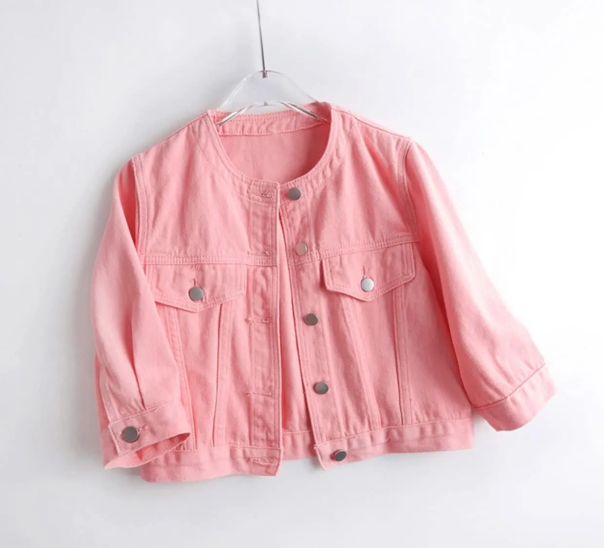 Women's Cropped Denim Jacket Button Down Collarless Half Sleeve Jean Jacket