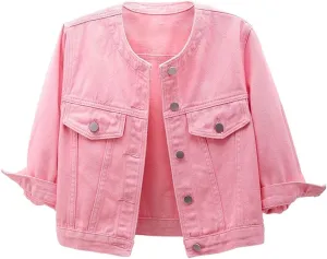 Women's Cropped Denim Jacket Button Down Collarless Half Sleeve Jean Jacket