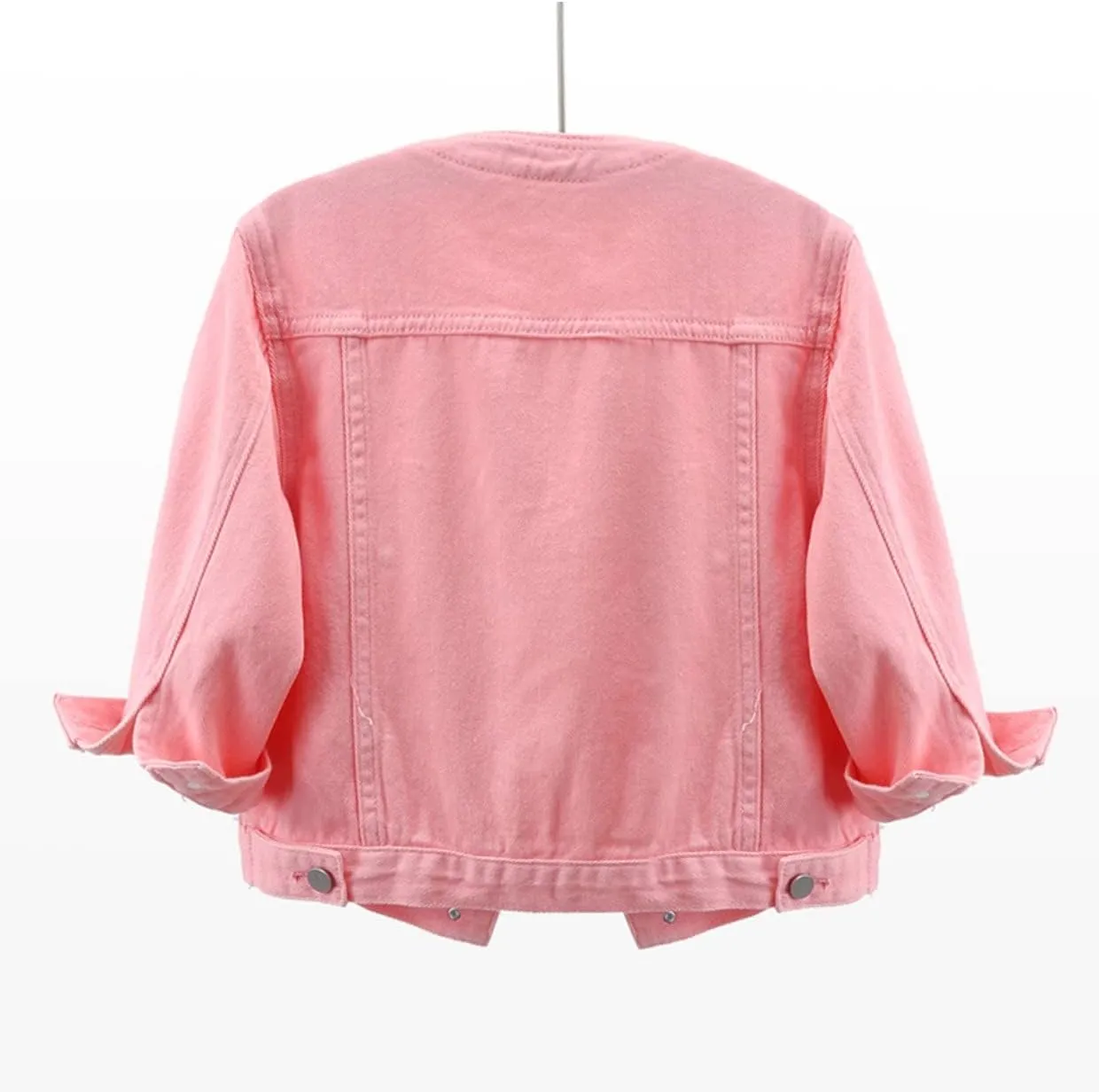 Women's Cropped Denim Jacket Button Down Collarless Half Sleeve Jean Jacket