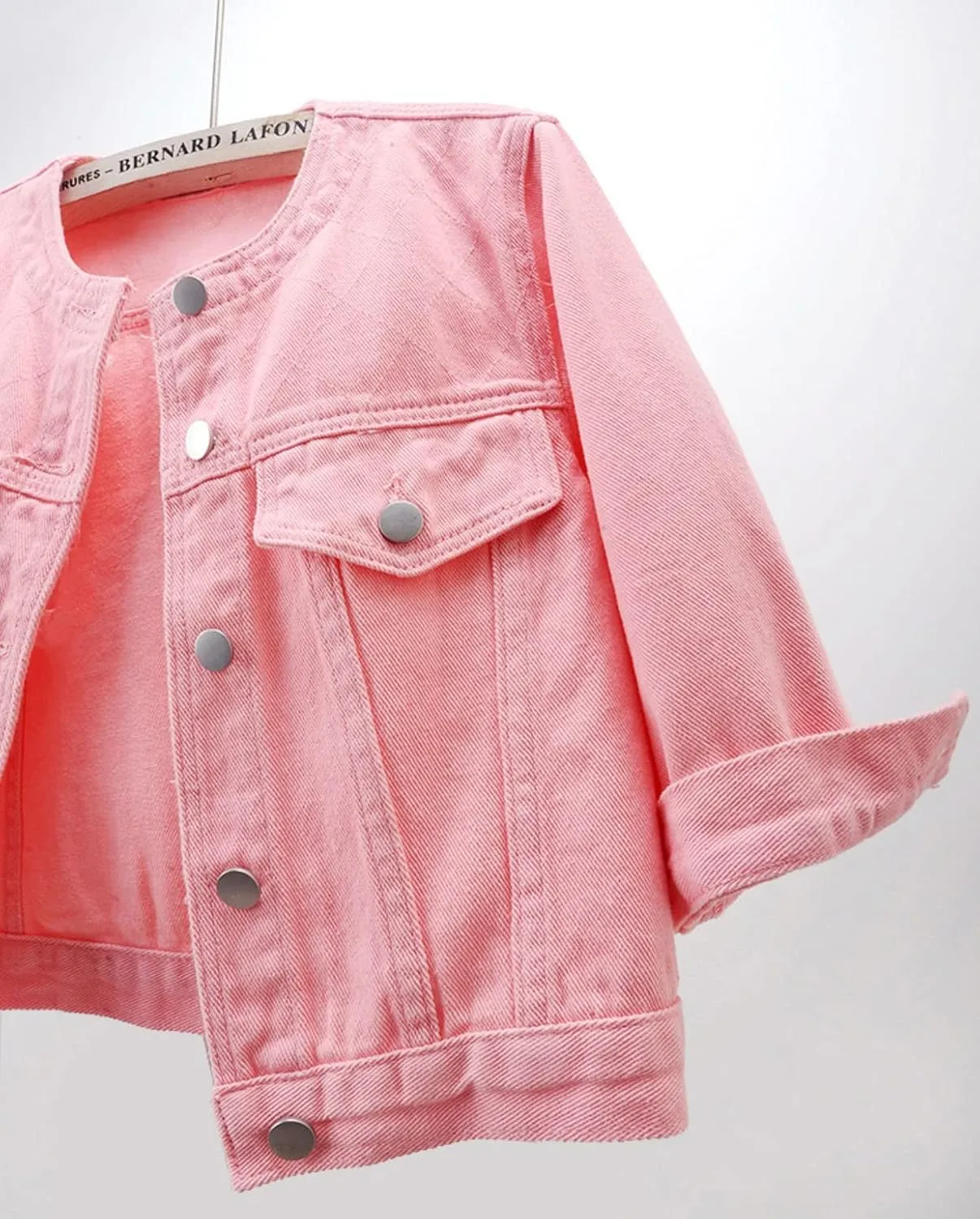 Women's Cropped Denim Jacket Button Down Collarless Half Sleeve Jean Jacket
