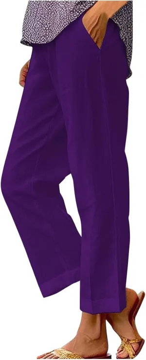 Womens Cropped Linen Pants Summer Elastic Waist Straight Leg Oversized Crop Pants Casual Trousers with Pockets