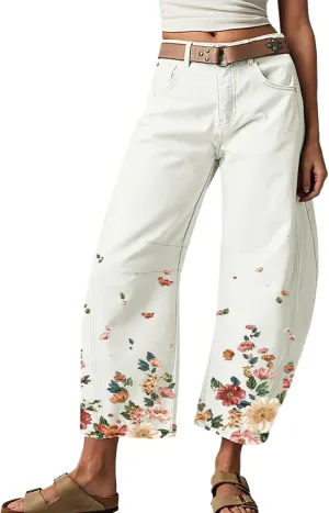 Women's Dandelion Print Wide Leg Harem Pants Baggy High Waisted Boho Hippie Palazzo Pants with Pockets