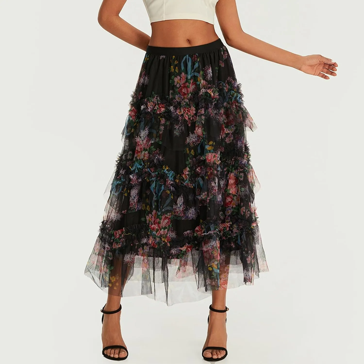 Women's Floral Tulle Maxi Skirts Summer Boho Sheer Mesh High Waist A Line Flowy Layered Casual Long Skirt
