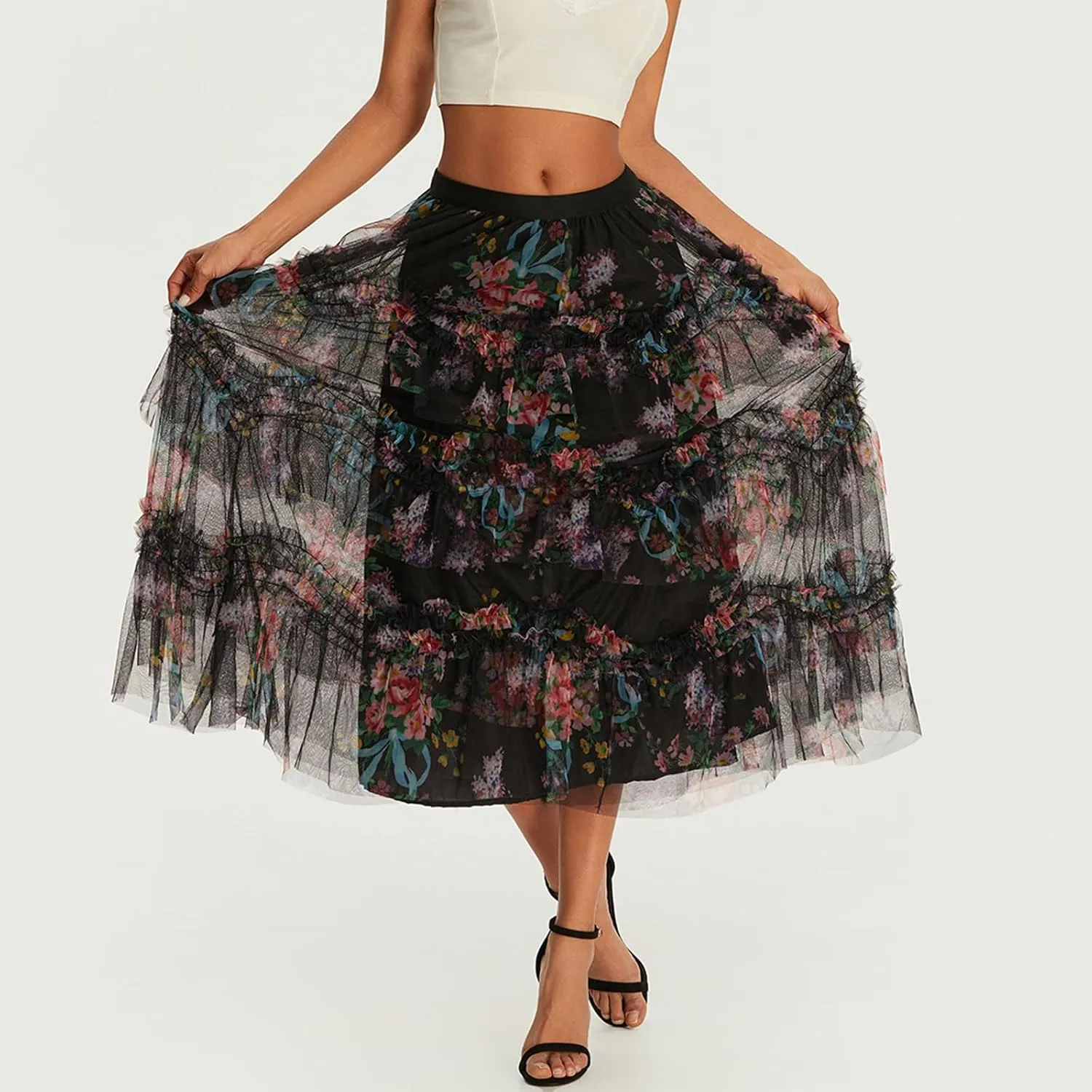 Women's Floral Tulle Maxi Skirts Summer Boho Sheer Mesh High Waist A Line Flowy Layered Casual Long Skirt