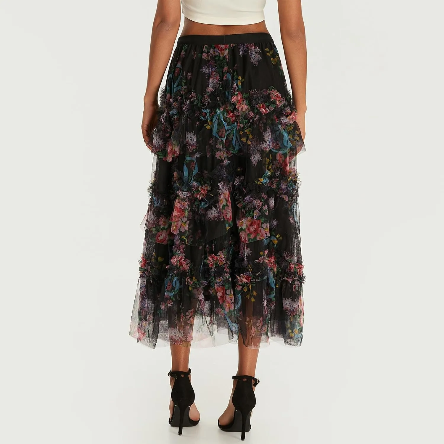 Women's Floral Tulle Maxi Skirts Summer Boho Sheer Mesh High Waist A Line Flowy Layered Casual Long Skirt