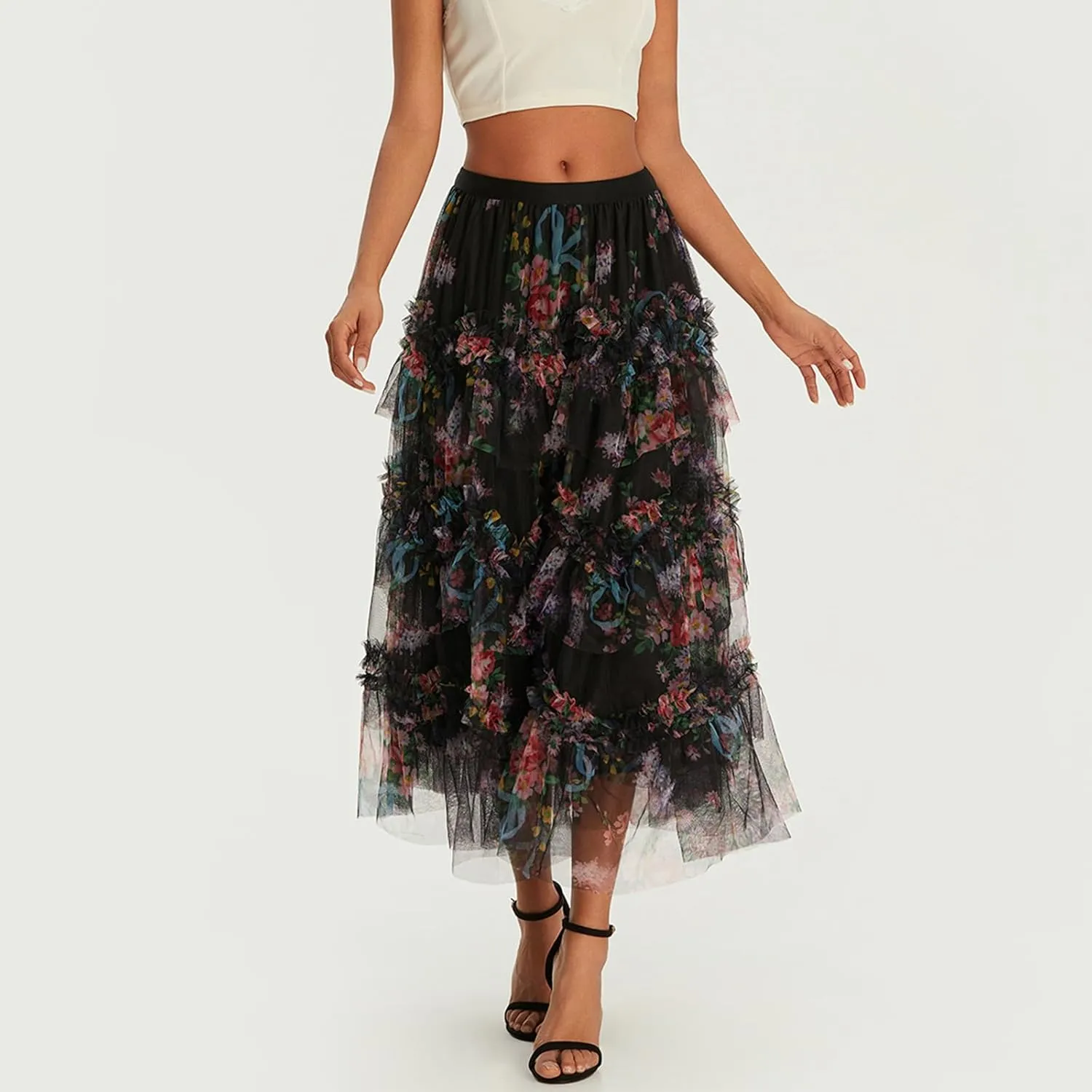 Women's Floral Tulle Maxi Skirts Summer Boho Sheer Mesh High Waist A Line Flowy Layered Casual Long Skirt