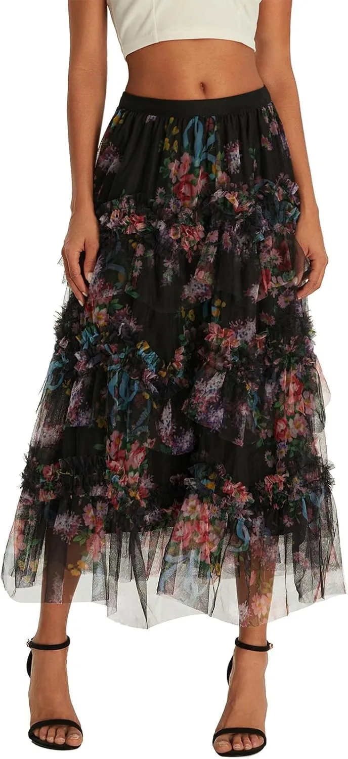 Women's Floral Tulle Maxi Skirts Summer Boho Sheer Mesh High Waist A Line Flowy Layered Casual Long Skirt