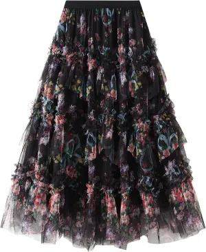 Women's Floral Tulle Maxi Skirts Summer Boho Sheer Mesh High Waist A Line Flowy Layered Casual Long Skirt
