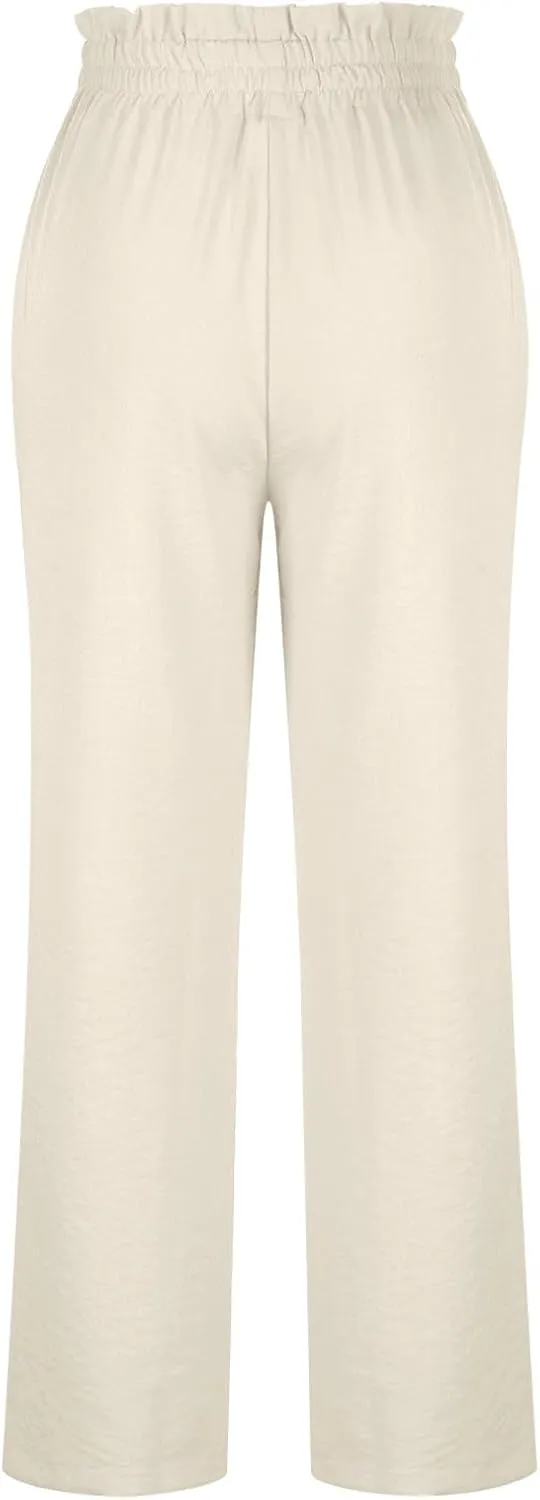 Women's Frill Paper Bag Pants Belted High Waist Straight Leg Trousers Casual Loose Fit Dressy Work Pant with Pockets