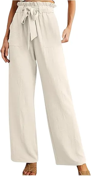 Women's Frill Paper Bag Pants Belted High Waist Straight Leg Trousers Casual Loose Fit Dressy Work Pant with Pockets