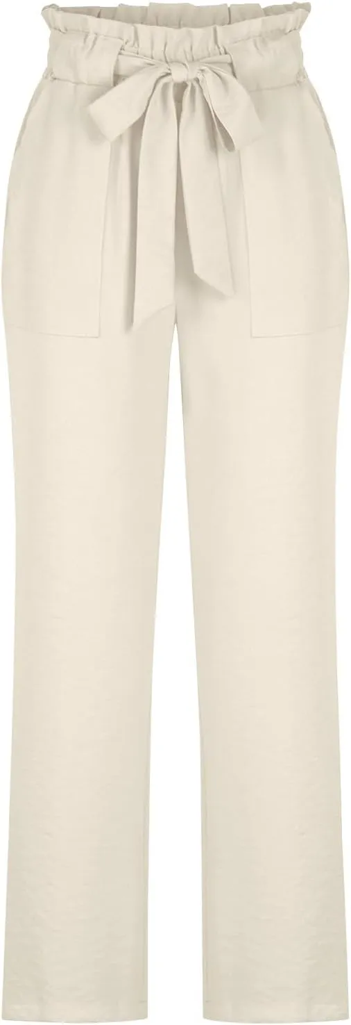Women's Frill Paper Bag Pants Belted High Waist Straight Leg Trousers Casual Loose Fit Dressy Work Pant with Pockets