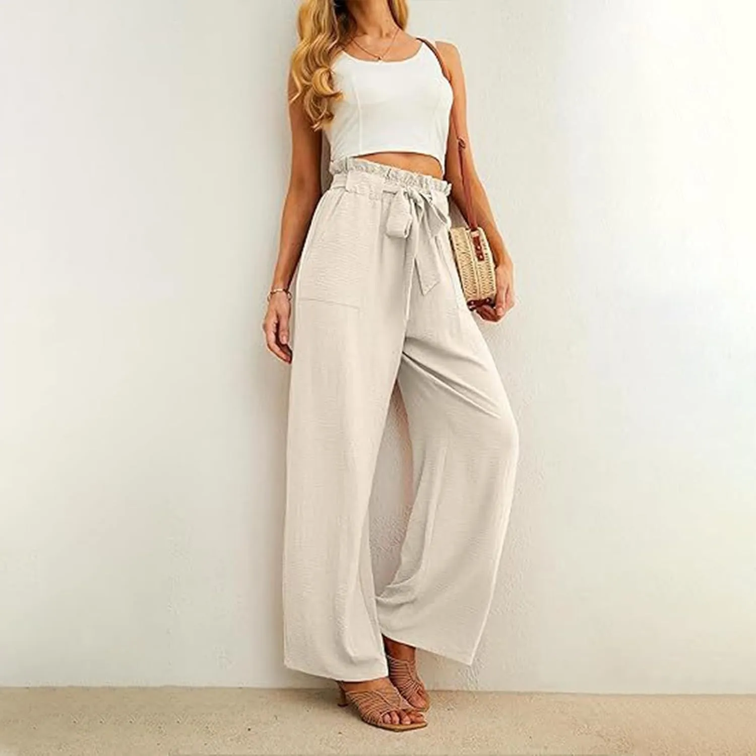 Women's Frill Paper Bag Pants Belted High Waist Straight Leg Trousers Casual Loose Fit Dressy Work Pant with Pockets