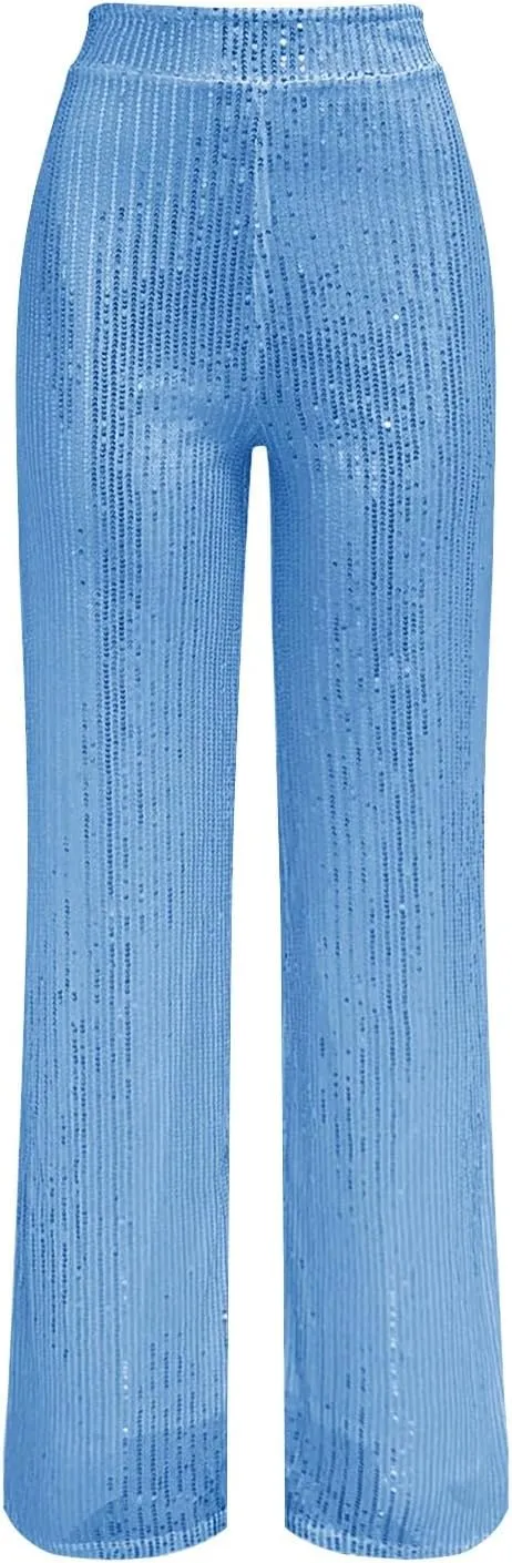 Women's Glitter Wide Leg Pants Women's Solid Color Sequins Fashion Casual Straight Pants Casual Loose Long Pant