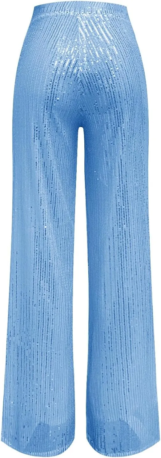Women's Glitter Wide Leg Pants Women's Solid Color Sequins Fashion Casual Straight Pants Casual Loose Long Pant