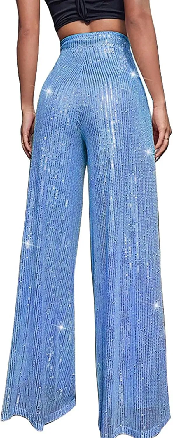 Women's Glitter Wide Leg Pants Women's Solid Color Sequins Fashion Casual Straight Pants Casual Loose Long Pant