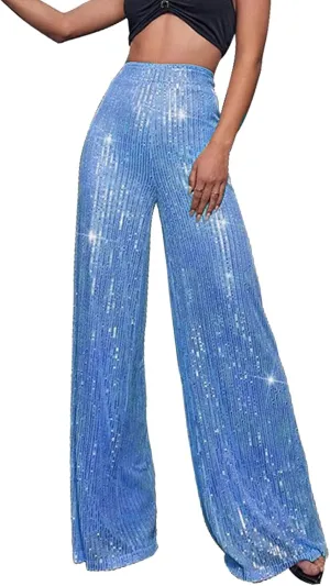 Women's Glitter Wide Leg Pants Women's Solid Color Sequins Fashion Casual Straight Pants Casual Loose Long Pant