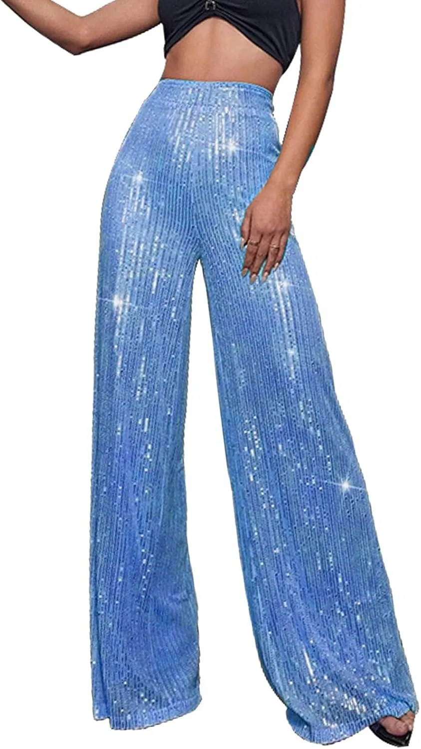 Women's Glitter Wide Leg Pants Women's Solid Color Sequins Fashion Casual Straight Pants Casual Loose Long Pant