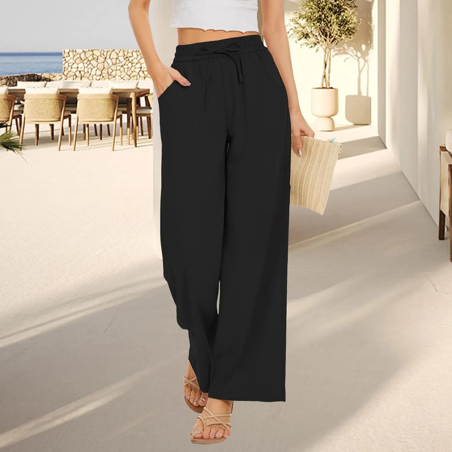 Womens High Waisted Linen Pants Casual Wide Leg Trousers with Pockets Drawstring Elastic Pants Summer 2025