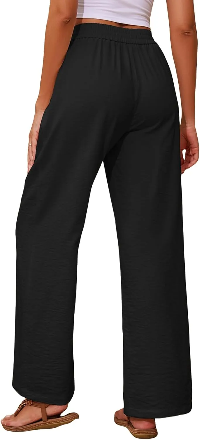 Womens High Waisted Linen Pants Casual Wide Leg Trousers with Pockets Drawstring Elastic Pants Summer 2025