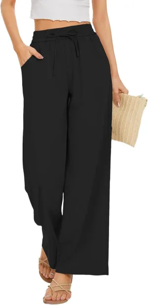 Womens High Waisted Linen Pants Casual Wide Leg Trousers with Pockets Drawstring Elastic Pants Summer 2025