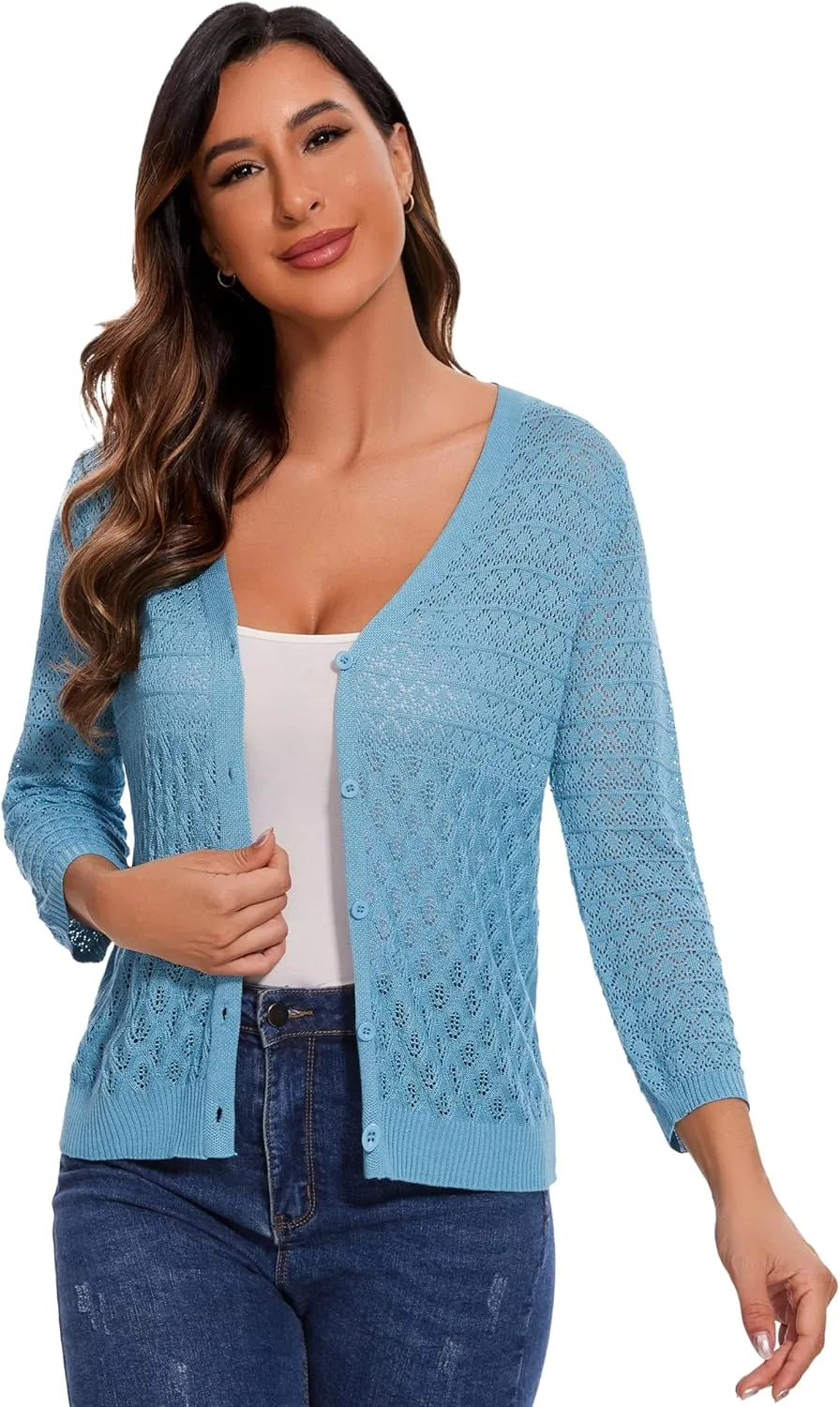 Women's Lightweight Crochet Cardigan 3/4 Sleeve Cropped V Neck Button Shrug Knit Sweater Tops