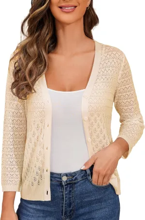 Women's Lightweight Crochet Cardigan 3/4 Sleeve Cropped V Neck Button Shrug Knit Sweater Tops