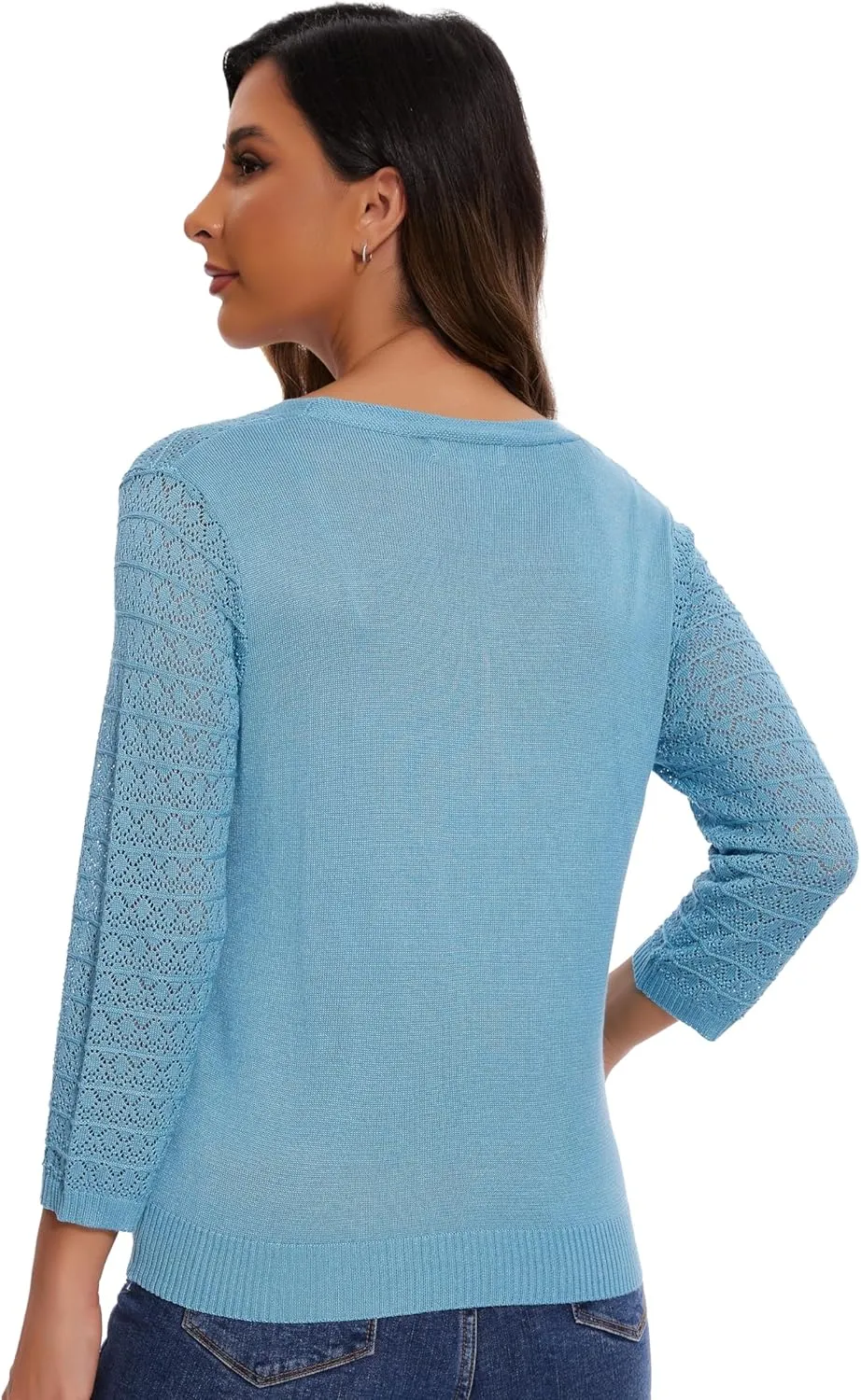 Women's Lightweight Crochet Cardigan 3/4 Sleeve Cropped V Neck Button Shrug Knit Sweater Tops