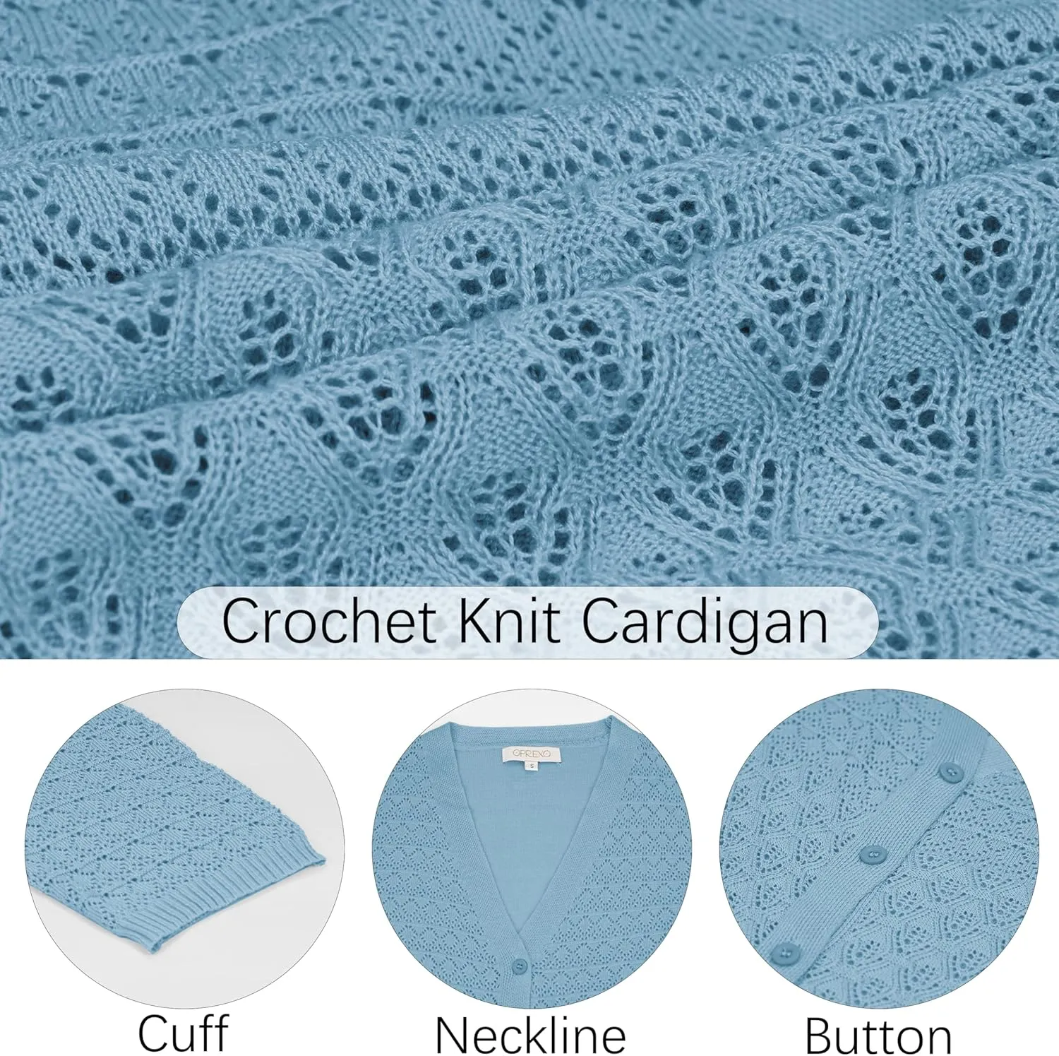 Women's Lightweight Crochet Cardigan 3/4 Sleeve Cropped V Neck Button Shrug Knit Sweater Tops