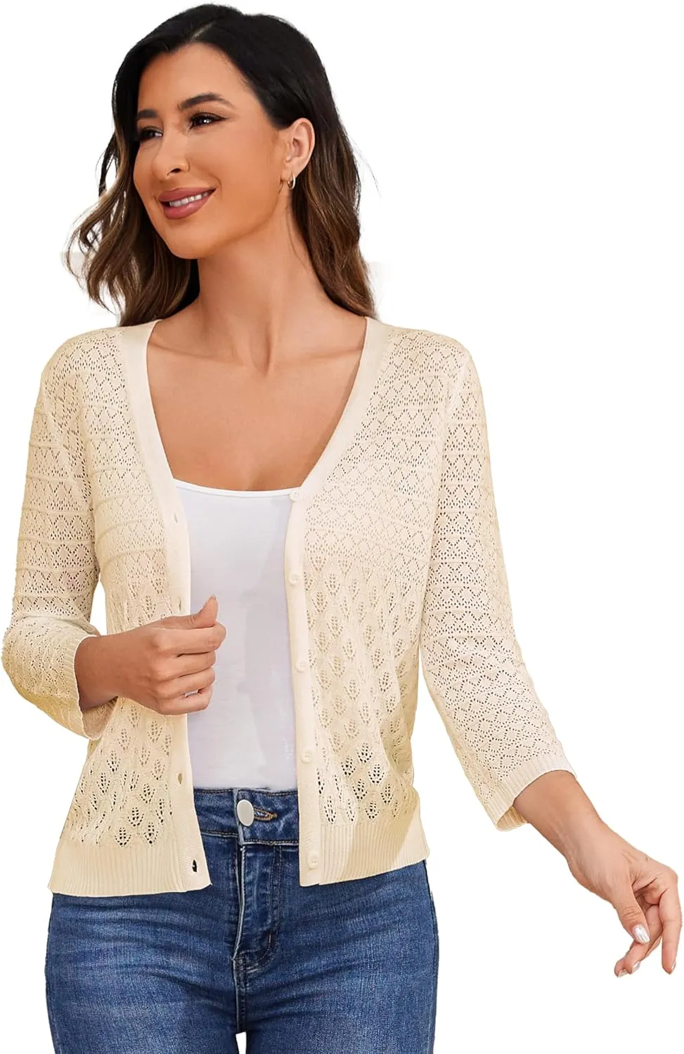 Women's Lightweight Crochet Cardigan 3/4 Sleeve Cropped V Neck Button Shrug Knit Sweater Tops