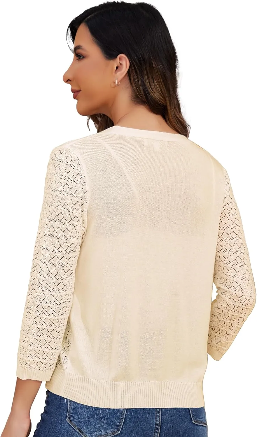 Women's Lightweight Crochet Cardigan 3/4 Sleeve Cropped V Neck Button Shrug Knit Sweater Tops