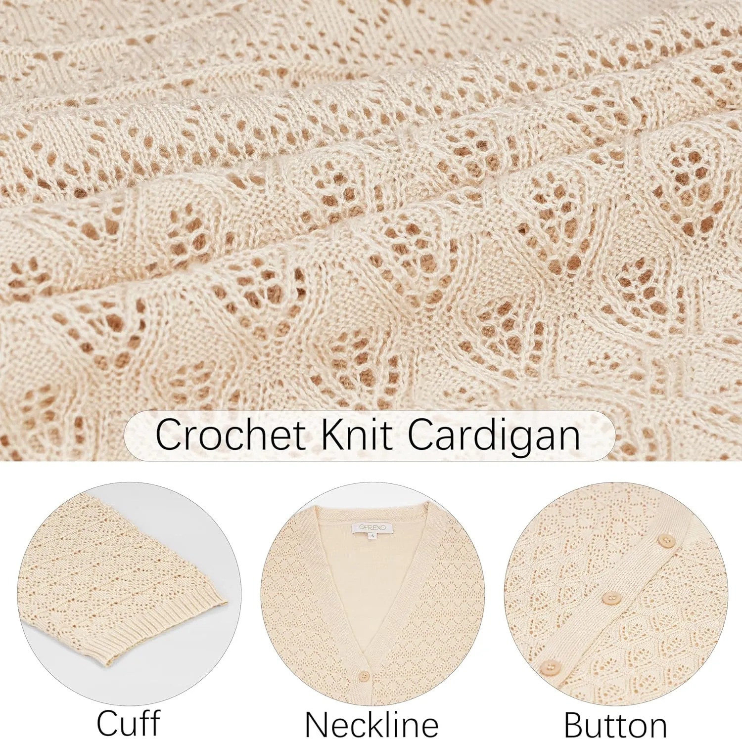 Women's Lightweight Crochet Cardigan 3/4 Sleeve Cropped V Neck Button Shrug Knit Sweater Tops