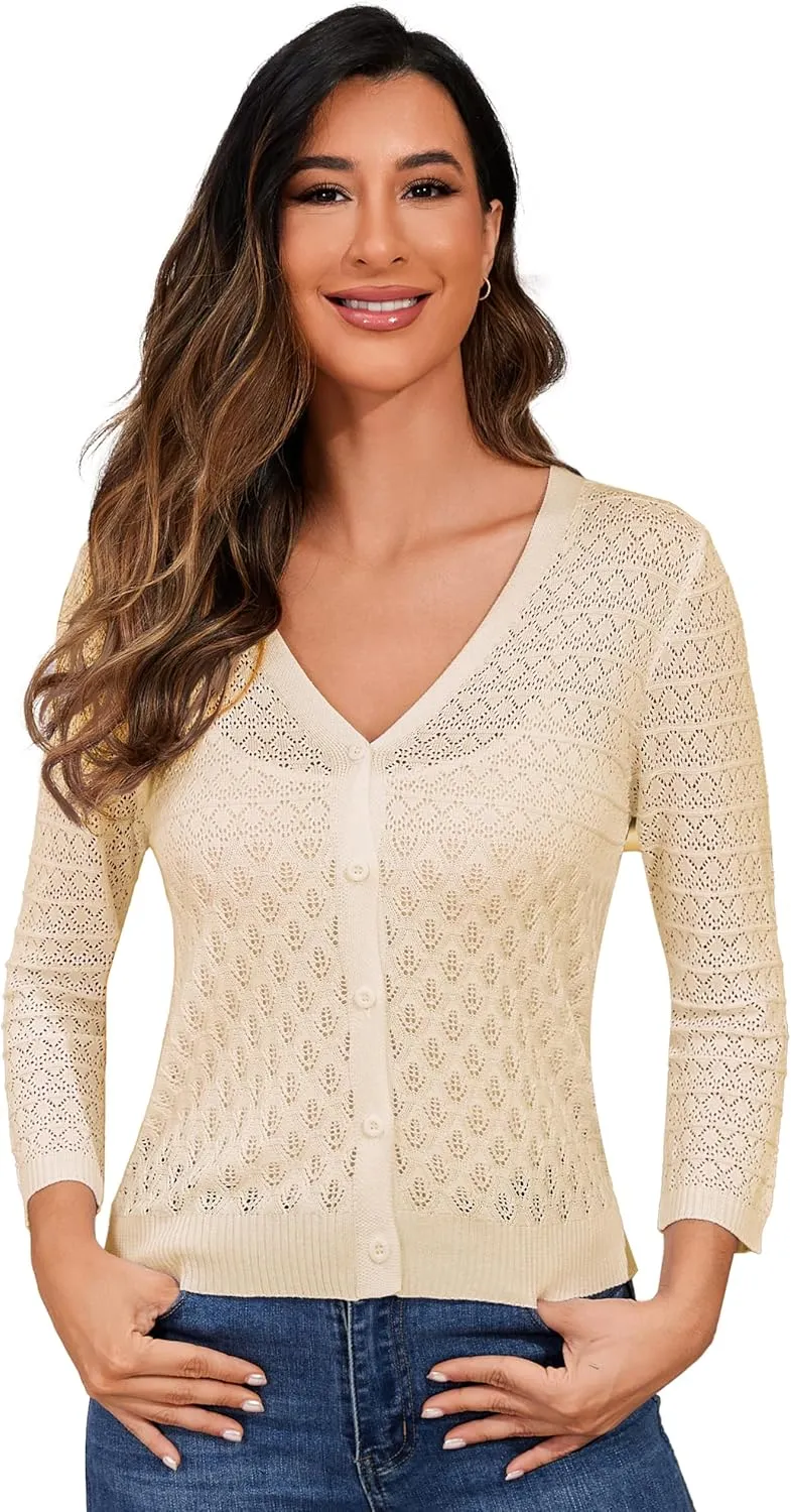 Women's Lightweight Crochet Cardigan 3/4 Sleeve Cropped V Neck Button Shrug Knit Sweater Tops
